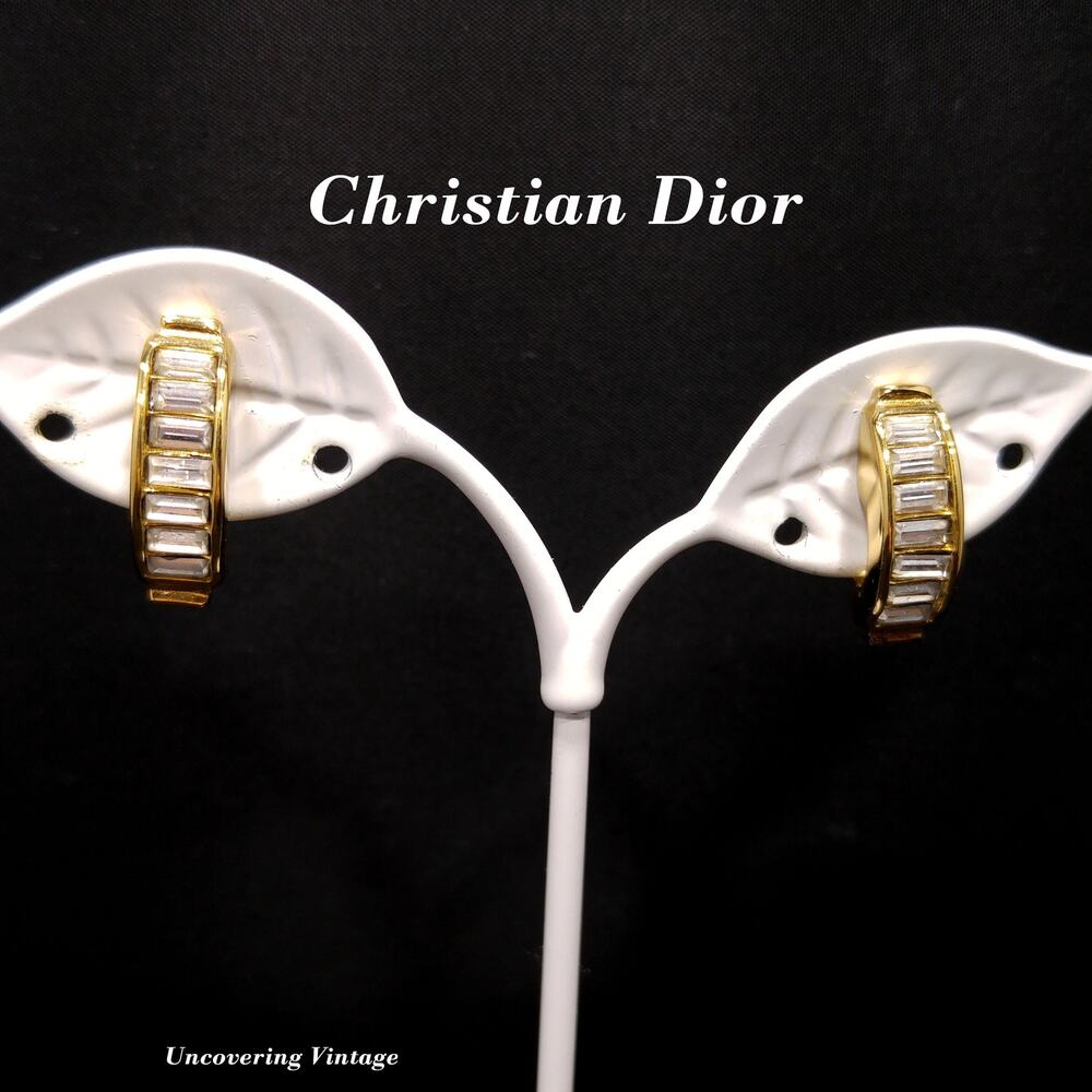 Christian Dior 1970s Gold Plated Baguette Rhinestone Half Hoop Earrings